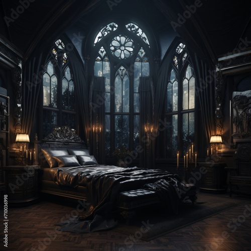 the gothic room dark and stylish bedroom in ny, photorealistic detail