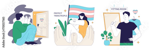 Gender transition pros and cons set. Gender-affirming therapy, positive and negative side. Transgender person mental health, legalization and discrimination. Flat vector illustration
