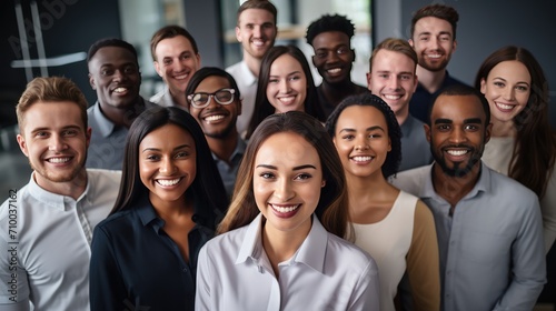 Corporate success: Teamwork and cooperation concept. Group portrait of smiling diverse young multiethnic business people posing together in a modern office.