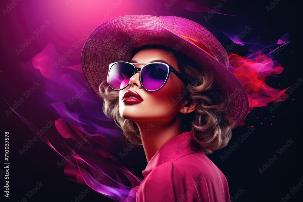 Elegant lady in wide brimmed hat with pink lips makeup on dark purple background. Young and beautiful woman is ready for vacation or party. Retro fashion concept. Banner with copy space