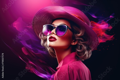 Elegant lady in wide brimmed hat with pink lips makeup on dark purple background. Young and beautiful woman is ready for vacation or party. Retro fashion concept. Banner with copy space © ratatosk