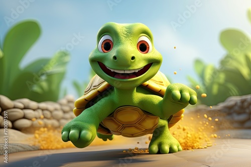 Delighted animated turtle enjoying a sunny day, ready to race.