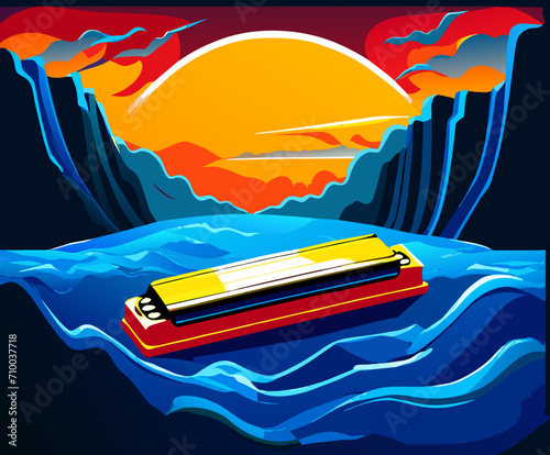 A harmonica with a flowing musical river. vektor icon illustation