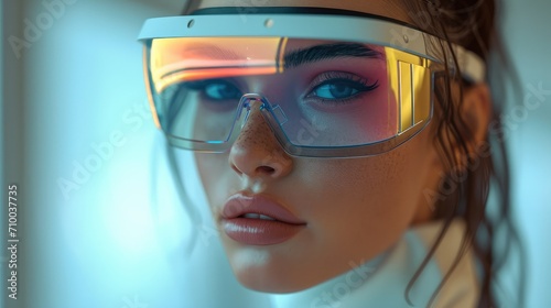 A woman wearing modern and high-tech sunglasses for augmented reality. Generative AI.