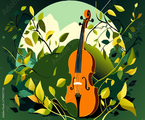 A violin with strings turning into vines. vektor icon illustation