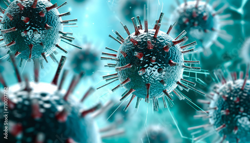 coronavirus cells in blue background.Coronavirus 2019-nCov novel coronavirus concept. Microscope virus close up photo