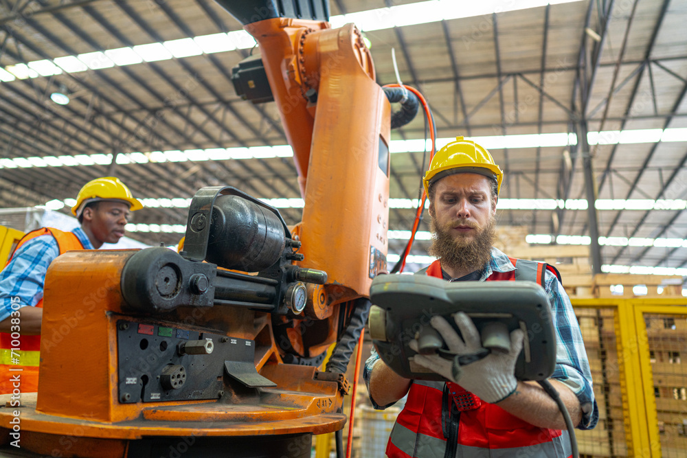 Factory engineer inspecting on machine. Workers work at heavy machine robot arm. The welding machine with a remote system in an industrial factory. smart industry worker operating. Wood factory.