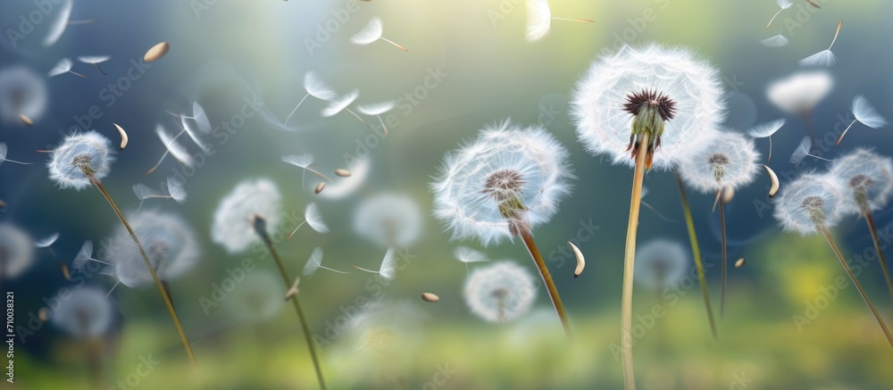 Dandelion disperses seeds by wind. - obrazy, fototapety, plakaty 