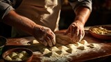 Skilled hands in flour meticulously craft ravioli, showcasing the artistry of homemade pasta preparation on a rustic kitchen table.