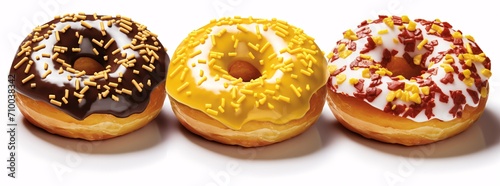 three colored donuts with sprinkles on white background isolated vector illustration, light yellow and dark amber
