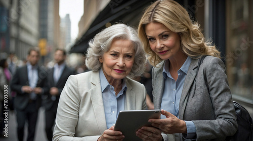 A couple of senior old businness women in the street, looking at camera while holding a tablet.