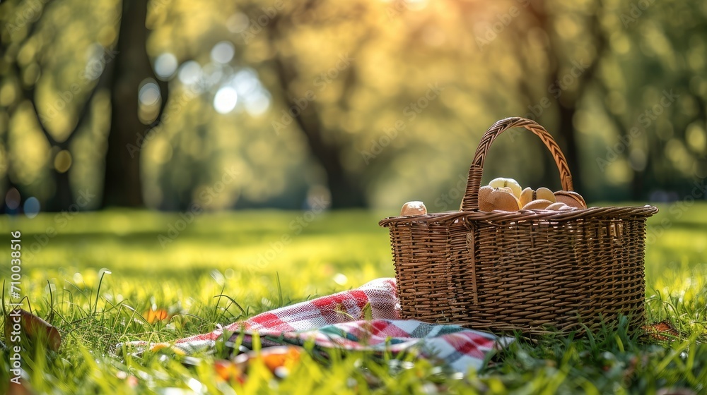 Picnic basket on the background of the park, Copy space. Generative AI. Picnic basket on the background of the park, Copy space. Generative AI.