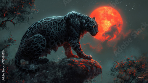 Black Jaguar and Red Blood Moon night conceptual art
