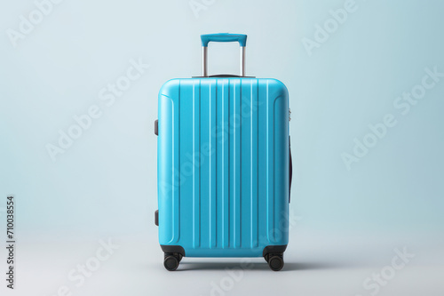 Blue suitcase on wheels on a white background. AI generative.