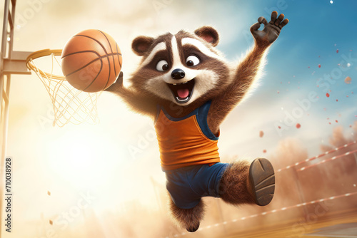 Joyful raccoon dunking basketball in mid-air, dynamic pose.