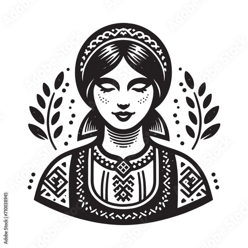 Young woman in Slavic traditional clothes. Black, symmetrical, flat, black, contour emblem, logo