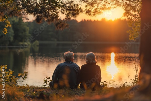 Happy senior couple sitting near lake during sunset in summer