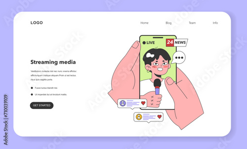 Streaming media service web banner or landing page. Online platforms subscription. Phone screens with educational, entertaining and news content. Flat vector illustration