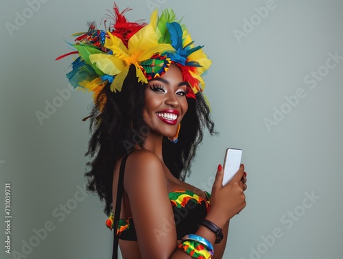 Wallpaper Mural black, beautiful, happy woman, Brazilian carnival outfit, cell phone in hand, smooth, clean background	
 Torontodigital.ca