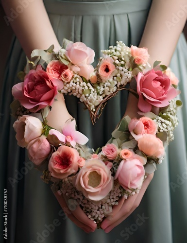  Yhe girl's hands hold the wreth of flowers made in the shape of heart.