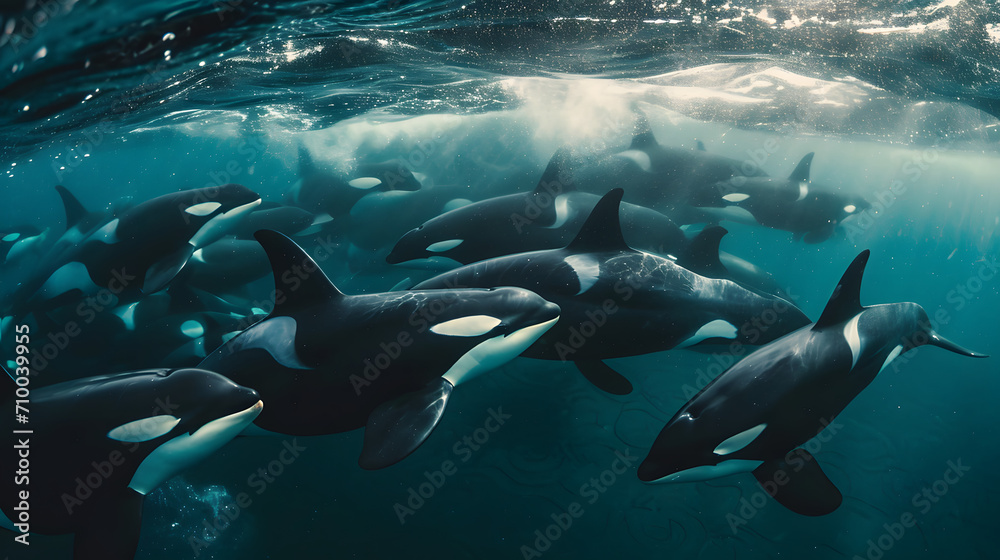pod of orcas swimming together, showcasing their remarkable intelligence and teamwork - obrazy, fototapety, plakaty 