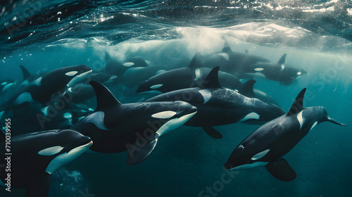pod of orcas swimming together, showcasing their remarkable intelligence and teamwork