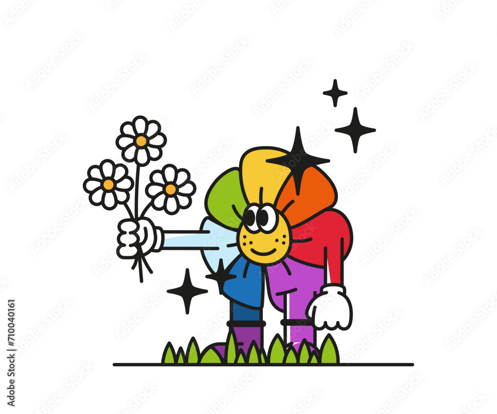 Flower with colorful petals gives a bouquet of flowers. Graphic design. Vector illustration.