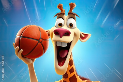 Animated giraffe holding a basketball with a playful expression.