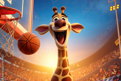 Giraffe dunking a basketball, ecstatic with game excitement. photo