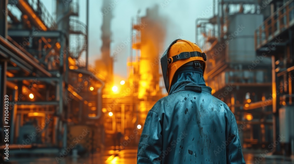 Welder in a protective suit against the background of a metallurgical plant, Portrait, Copy space. Generative AI. Welder in a protective suit against the background of a metallurgical plant, Portrait, Copy space. Generative AI.