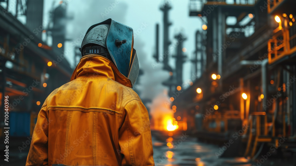 Welder in a protective suit against the background of a metallurgical plant, Portrait, Copy space. Generative AI. Welder in a protective suit against the background of a metallurgical plant, Portrait, Copy space. Generative AI.