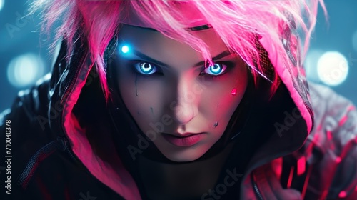 Futuristic cyberpunk woman ninja with pink hair AI generated image photo