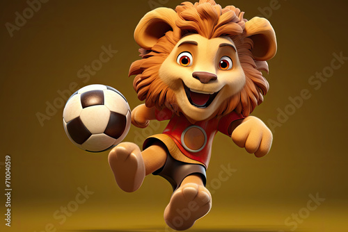 Exuberant lion cub playing soccer with a cheerful stance.