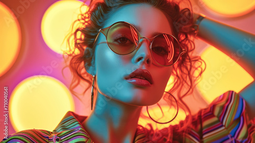 Woman in sunglasses, Fashion retro young woman on background with circle pop art background. Generative AI.