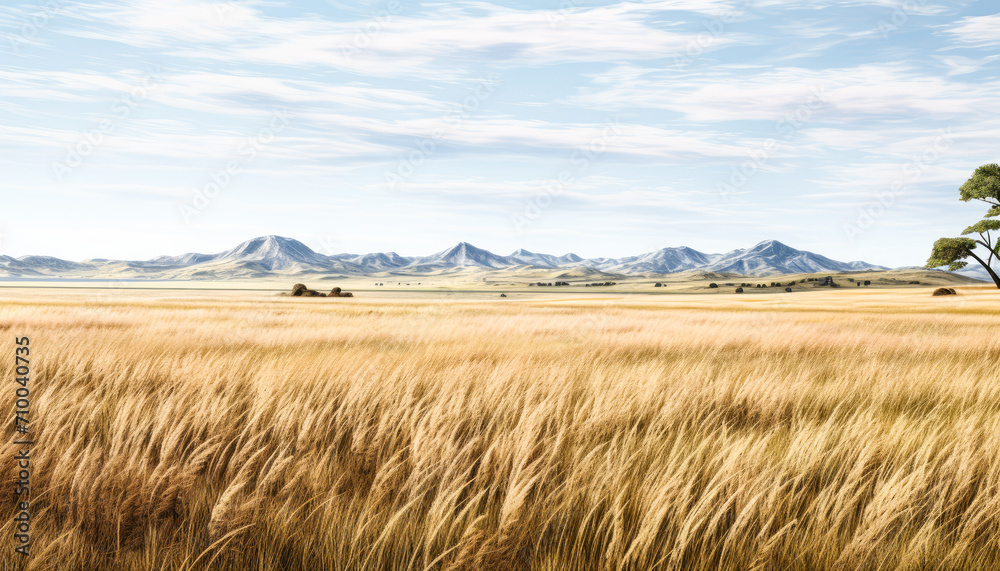 Tranquil Countryside Landscape with Wheat Fields and Blue Sky and mountains in far distance
