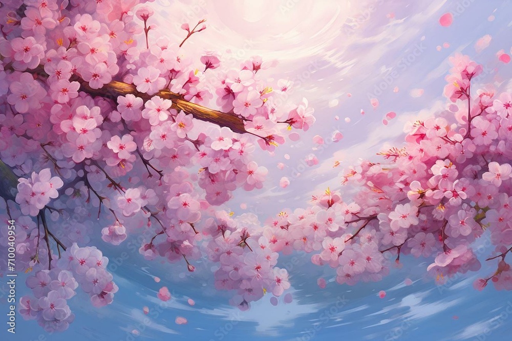 Artwork of vibrant cherry blossoms elegantly floating in the air. Generative AI