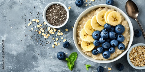 Healthy breakfast, oatmeal with bananas and blueberries,background. © Людмила