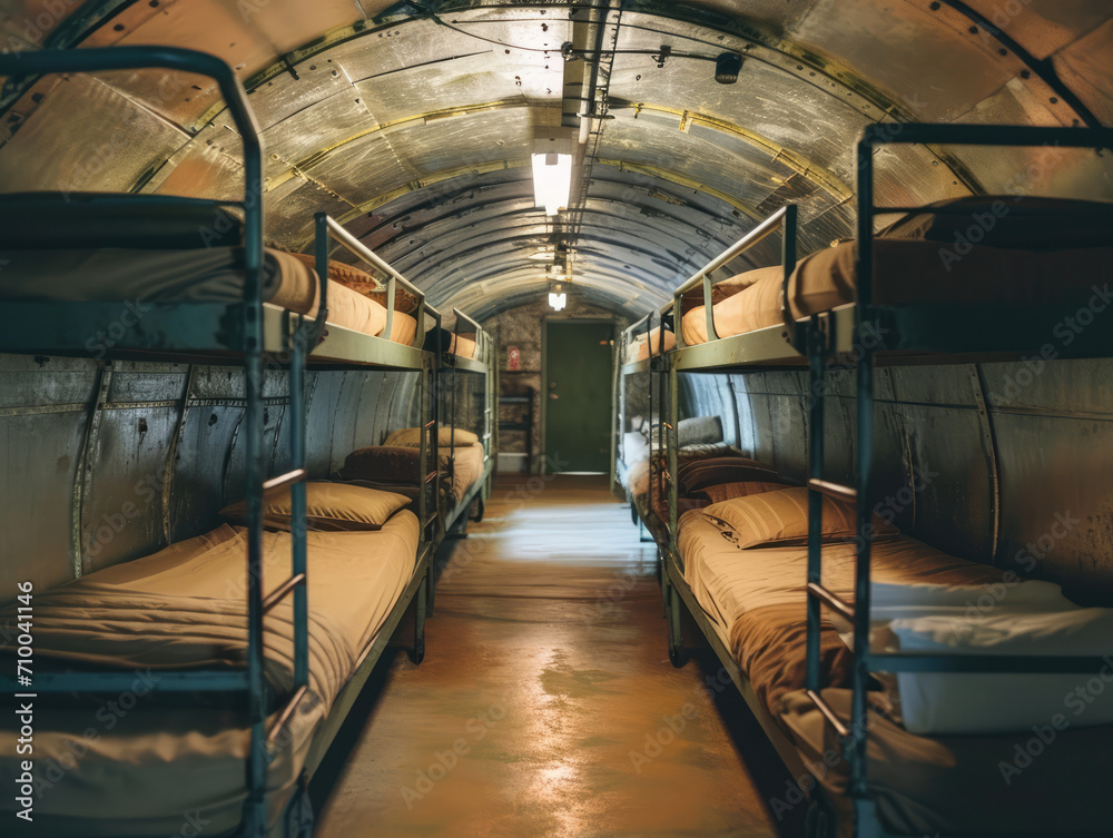 Row Of Beds In A Narrow Underground Military Bunker Suggesting Row Of Beds In A Narrow Underground Military Bunker Suggesting