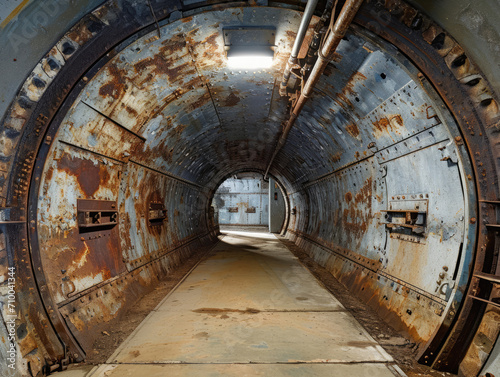 Long, rusty tunnel inside a bomb shelter with pipes running along the curved ceiling.