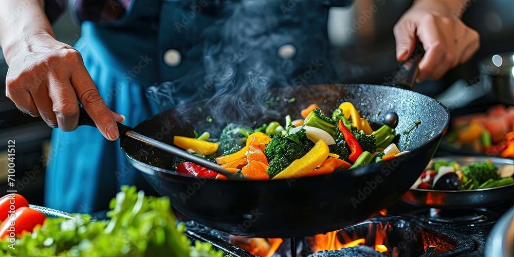 The process of cooking a dish in a frying pan, vegetable mix, spicy