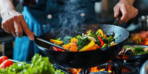 Obraz na płótnie The process of cooking a dish in a frying pan, vegetable mix, spicy w salonie