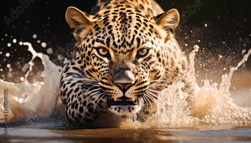 Close-up Portrait of an Endangered leopard Predator run on water