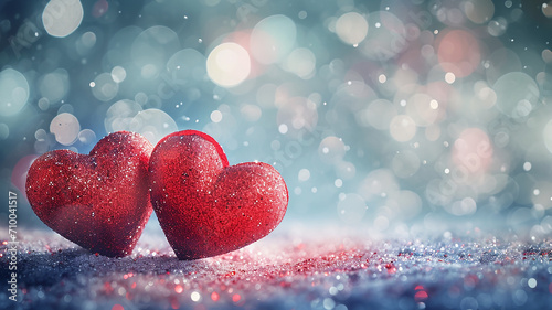 Valentines day Background of two red heart shape love made with glowing glitter bokeh image