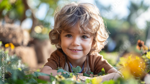 Little smiling blond boy with beautiful eyes in the meadow. Selective focus. Happy childhood concept. Nature background