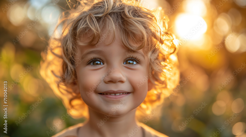 Smiling blond boy with beautiful eyes in the meadow. Sunny day. Selective focus. Happy childhood concept Smiling blond boy with beautiful eyes in the meadow. Sunny day. Selective focus. Happy childhood concept