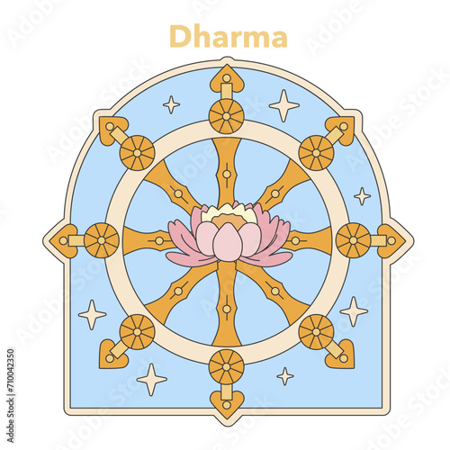 Dharma wheel illustration. Symbolic representation of Buddha's teachings and the path to enlightenment. Flat vector illustration
