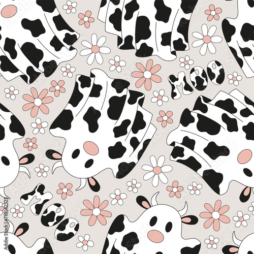 Cute cartoon spooky ghost cow moo pastel colour vector seamless pattern. Groovy floral farm animal aesthetic background.