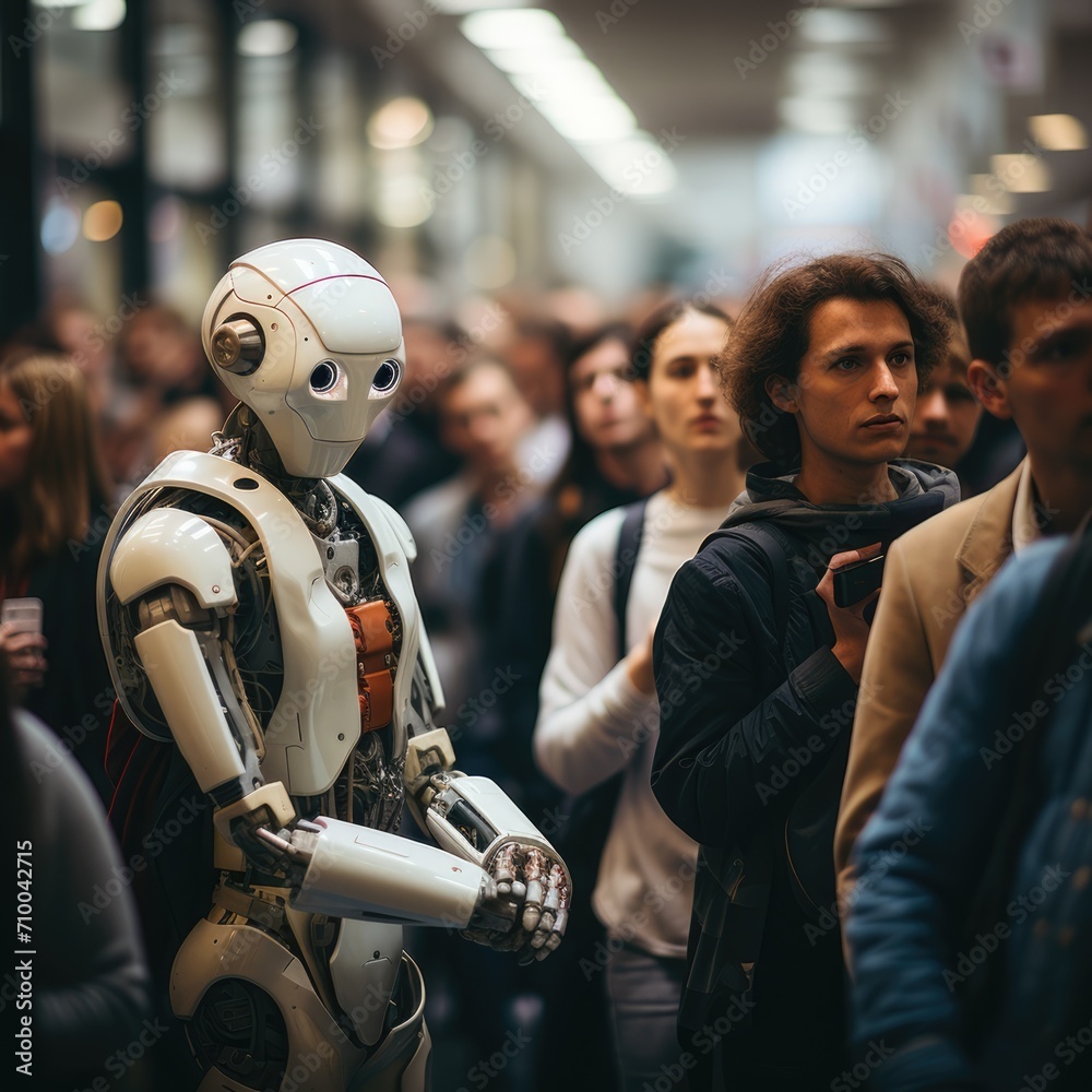a diverse crowd gathering at a robotics expo, exploring the latest innovations and interacting with friendly robots a diverse crowd gathering at a robotics expo, exploring the latest innovations and interacting with friendly robots