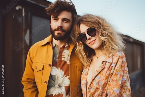 Stylish Young Couple in Trendy Autumn Outfits Posing Together