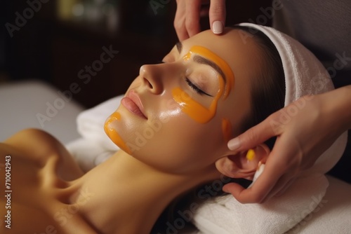 Vitamin C mask applied by cosmetologist in salon.